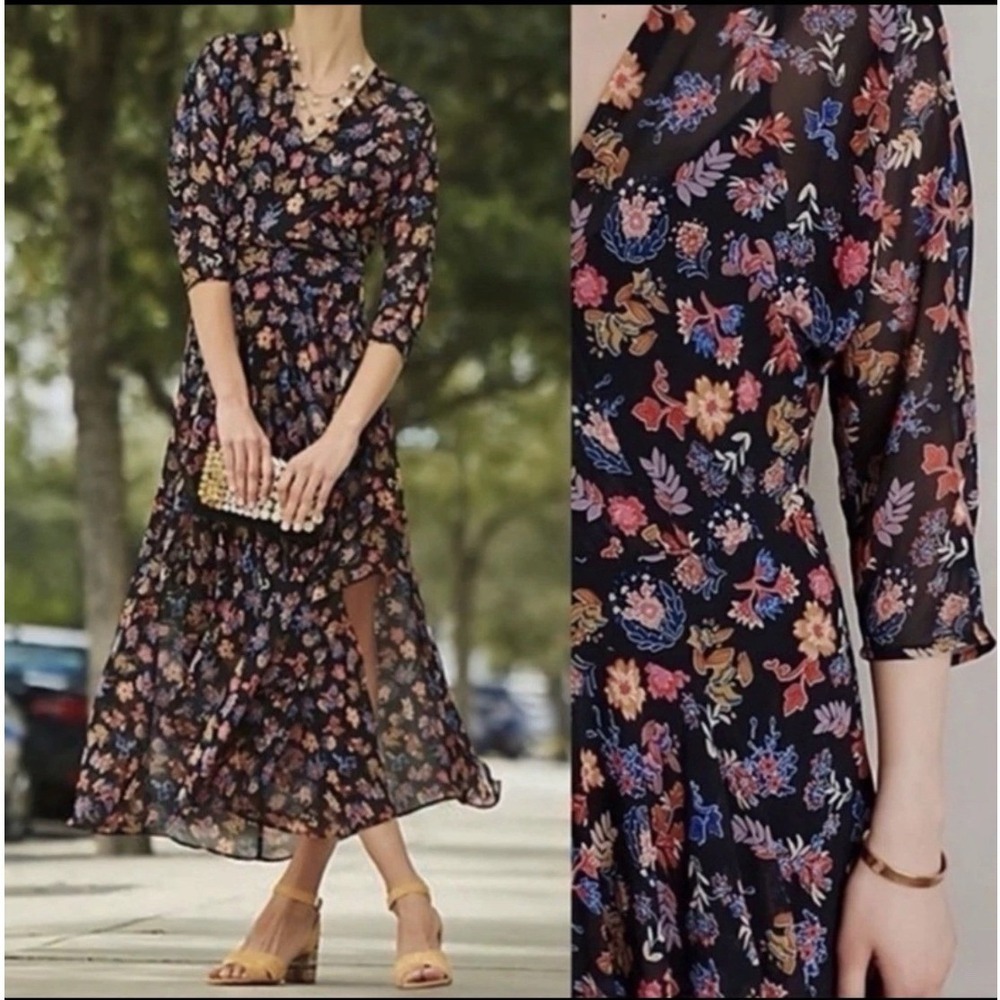 Anthro HD in Paris Maxi Dress Womens US 4 Sheer Floral Chiffon Cottage Peasant
